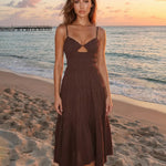 Brown Spaghetti Strap Cutout Detail Smocked Tiered Maxi Dress