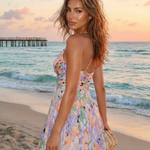Elegant Floral Print V-Neck Pleated Midi Dress