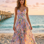 Elegant Floral Print V-Neck Pleated Midi Dress