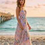 Elegant Floral Print V-Neck Pleated Midi Dress