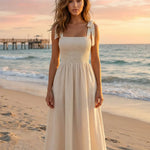 Beige Smocked Bodice Textured Fit and Flare Midi Dress