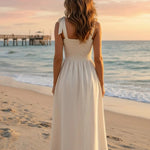 Beige Smocked Bodice Textured Fit and Flare Midi Dress