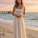 Beige Smocked Bodice Textured Fit and Flare Midi Dress
