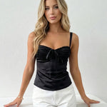 Black Sweetheart Ruched Satin Tie-Front Slim Top