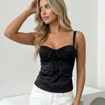 Black Sweetheart Ruched Satin Tie-Front Slim Top