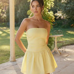 Yellow Strapless Ruched Ruffle Mini Dress