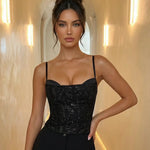 Black Glam Sequin Embellished Spaghetti Strap Corset Party Top