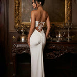 White Strapless Backless Lace Up Ruched Maxi Dress