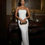 White Strapless Backless Lace Up Ruched Maxi Dress