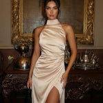 Champagne Satin Halter Neck Ruched  High Slit Maxi Dress