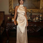 Champagne Satin Halter Neck Ruched  High Slit Maxi Dress