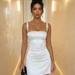 White Sleek Satin Spaghetti Strap Bodycon Mini Dress