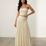 Beige Strapless Ruched Crop Top Flowy Maxi Skirt Set