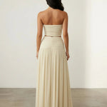 Beige Strapless Ruched Crop Top Flowy Maxi Skirt Set