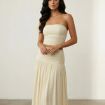 Beige Strapless Ruched Crop Top Flowy Maxi Skirt Set
