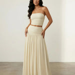Beige Strapless Ruched Crop Top Flowy Maxi Skirt Set