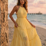 Yellow Chiffon Tiered Regular Fit Beach Maxi Dress