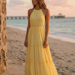 Yellow Chiffon Tiered Regular Fit Beach Maxi Dress