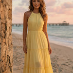 Yellow Chiffon Tiered Regular Fit Beach Maxi Dress