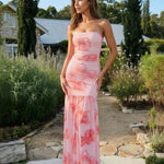 Pink Floral Print Strapless Ruched Tiered Maxi Dress