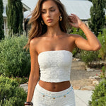 White Textured Strapless Crop Top High Waist Mini Shorts Set