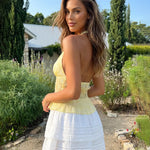 Yellow Boho Floral Lace Halter Tie Front Sheer Mesh Crop Top