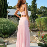 Pink Strapless Set Crop Top Pleated Maxi Skirt Dress Set