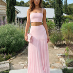 Pink Strapless Set Crop Top Pleated Maxi Skirt Dress Set
