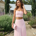 Pink Strapless Set Crop Top Pleated Maxi Skirt Dress Set