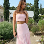 Pink Strapless Set Crop Top Pleated Maxi Skirt Dress Set