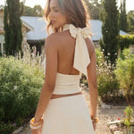 Beige Halter Neck Set Crop Top Mini Skirt Metal Ring Details