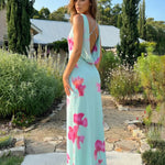 Mint Green and Pink Floral Print Cowl Neck Sleeveless Maxi Dress