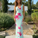 Mint Green and Pink Floral Print Cowl Neck Sleeveless Maxi Dress