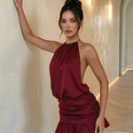 Burgundy Halter Satin Ruched Ruffle Mini Dress