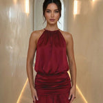 Burgundy Halter Satin Ruched Ruffle Mini Dress
