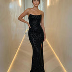 Black Glam Strapless Sequin Split Thigh Side Slit Party Maxi Dress