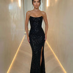 Black Glam Strapless Sequin Split Thigh Side Slit Party Maxi Dress