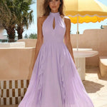 Lavender Halter High Neck Keyhole Smocked Ruffle Midi Dress