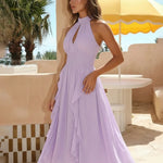 Lavender Halter High Neck Keyhole Smocked Ruffle Midi Dress
