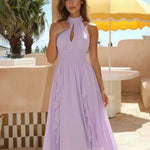 Lavender Halter High Neck Keyhole Smocked Ruffle Midi Dress