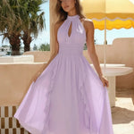 Lavender Halter High Neck Keyhole Smocked Ruffle Midi Dress