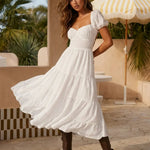 White Puff Sleeve Sweetheart Neck Tiered Ruffle Midi Dress