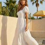 White Puff Sleeve Sweetheart Neck Tiered Ruffle Midi Dress