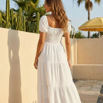 White Puff Sleeve Sweetheart Neck Tiered Ruffle Midi Dress