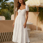 White Puff Sleeve Sweetheart Neck Tiered Ruffle Midi Dress