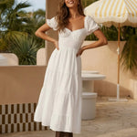 White Puff Sleeve Sweetheart Neck Tiered Ruffle Midi Dress