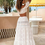 White Off-Shoulder Puff Sleeve Embroidered Crop Top Lace Trim Maxi Skirt Set