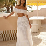 White Off-Shoulder Puff Sleeve Embroidered Crop Top Lace Trim Maxi Skirt Set