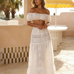 White Off-Shoulder Puff Sleeve Embroidered Crop Top Lace Trim Maxi Skirt Set