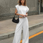 Light Grey Drawstring Waist Crop Top  Wide Leg Pants Set